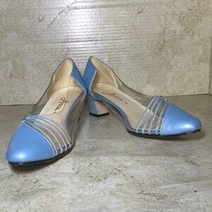 Vintage Womens Princess Blue Pumps Clear Sides Silver Accents Retro Prom Wedding